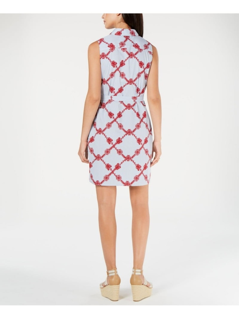 Tommy Hilfiger Blue White Pinstripe Red Embroidered Sleeveless Shirt Dress Sz 10 - Picture 3 of 11